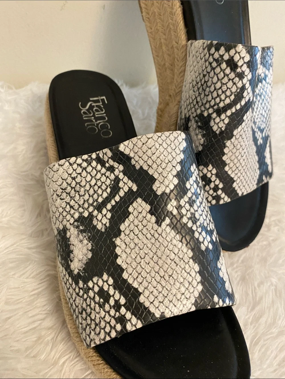 Franco Sarto Black & White Snake-Print Platform Slides